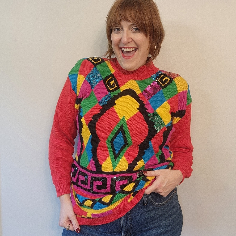 90s Red + Rainbow Funky Sweater with Sequin Detail